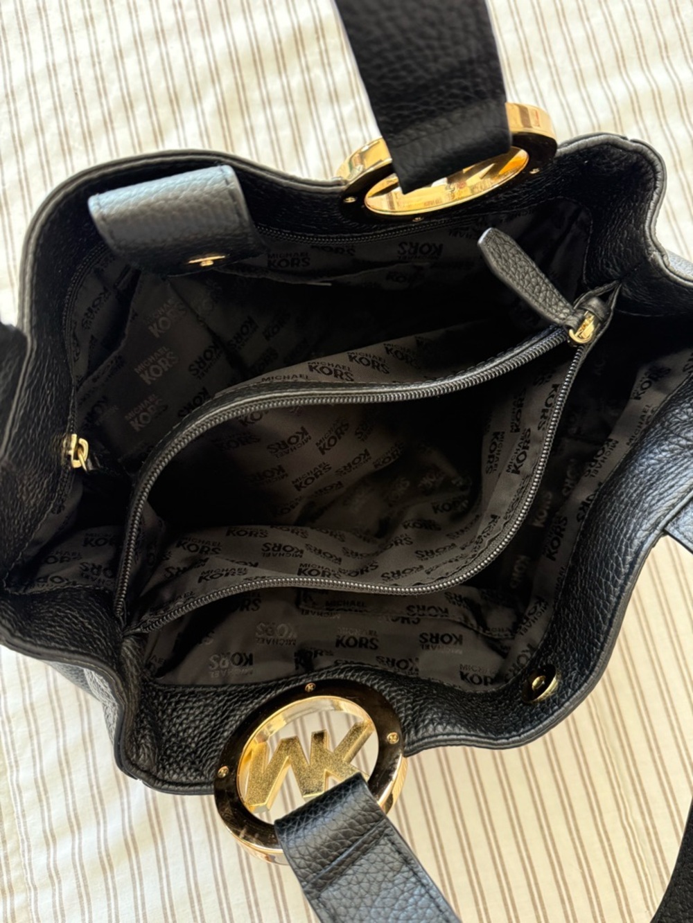 Michael Kors Black Leather Tote with Gold MK Logo Charm - Picture 6 of 13